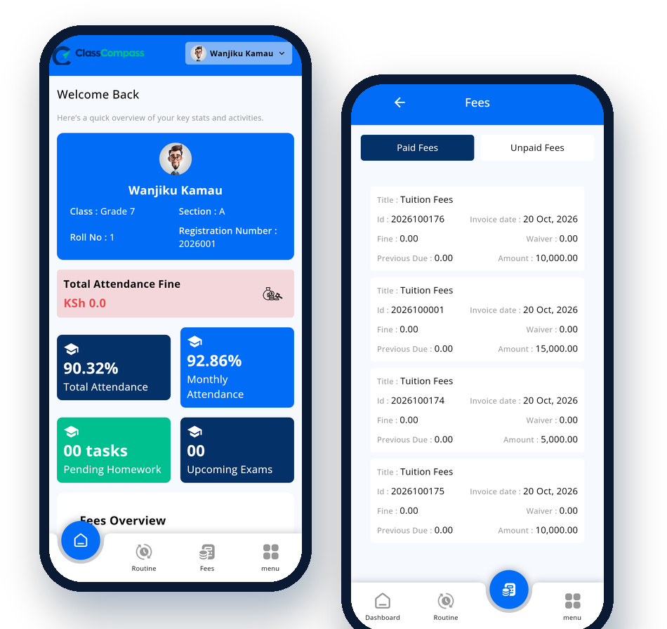 The Class Compass parent portal: dashboard and fee statement