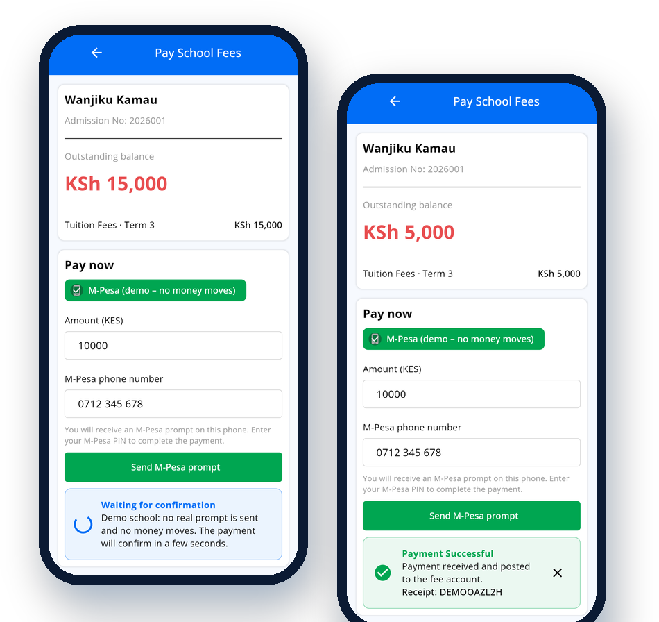 Real Class Compass screens: paying school fees with M-Pesa and the confirmed receipt