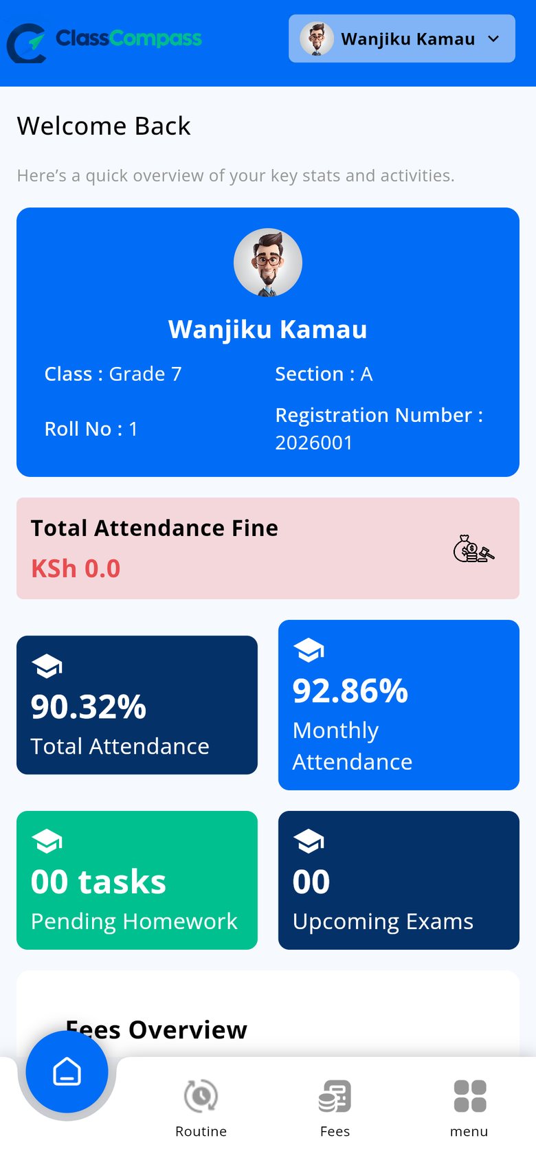 Parent portal dashboard with attendance