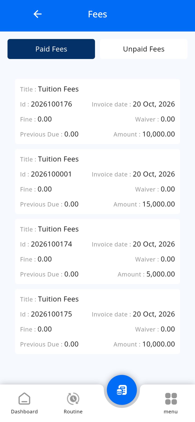 Parent portal fee statement