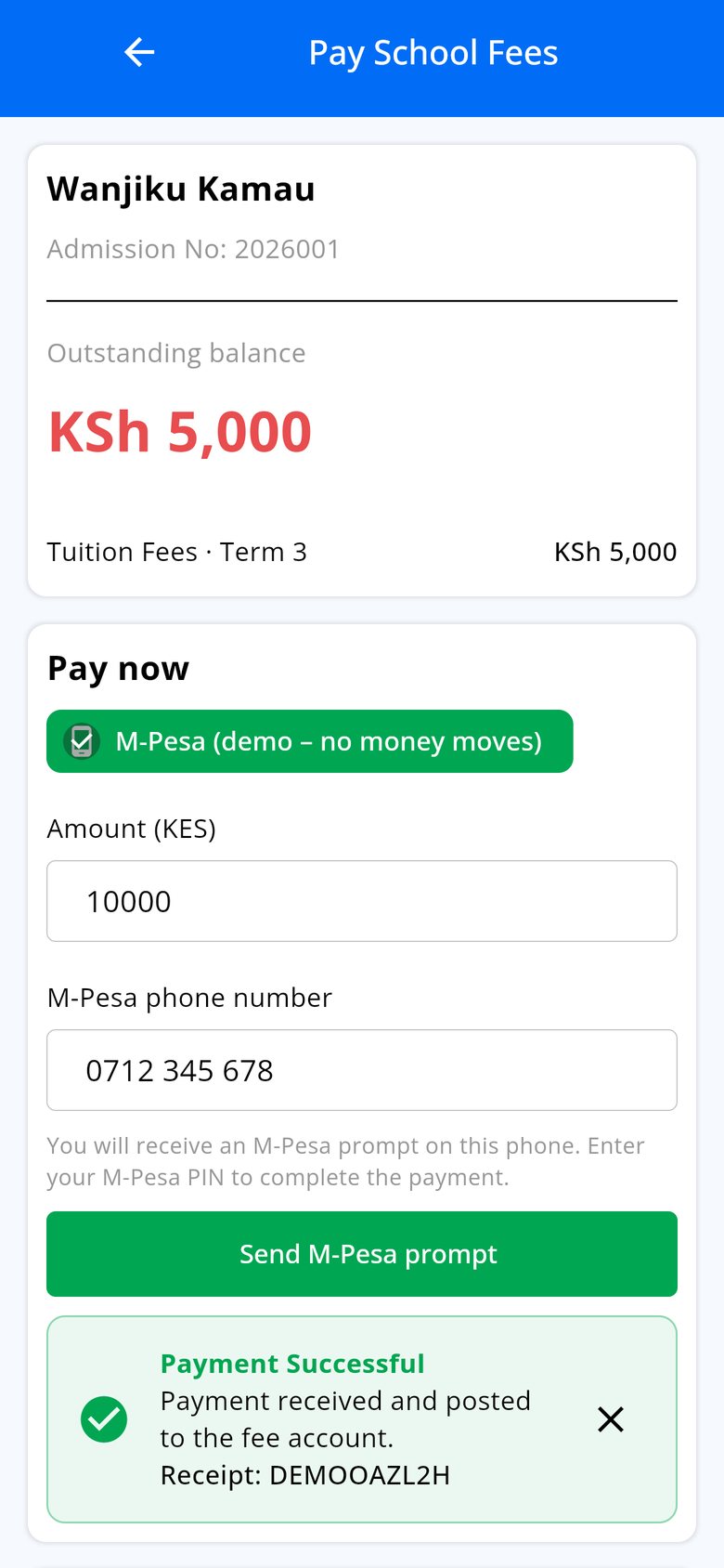 Parent paying school fees with M-Pesa in the parent portal