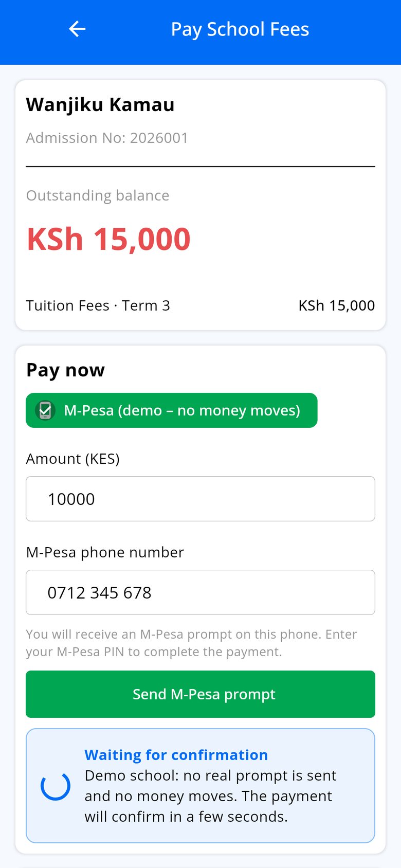 Pay school fees screen with M-Pesa